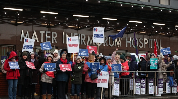 Nursing staff and their supporters outside the Mater Hospital in Belfast