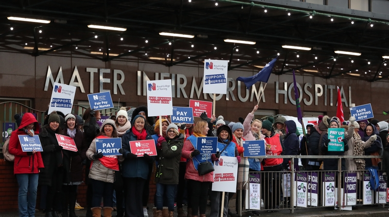 Nursing staff and their supporters outside the Mater Hospital in Belfast