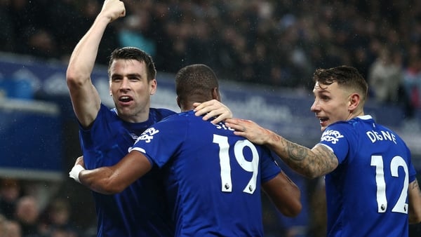 Seamus Coleman, Djibril Sidibe and Luca Digne celebrate Dominic Calvert-Lewin's (not pictured) goal against Burnley