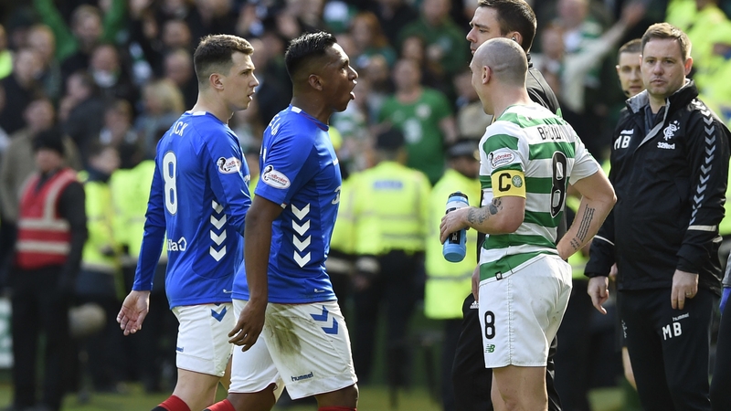 Alfredo Morelos leaves the pitch after being sent-off against Celtic earlier this year