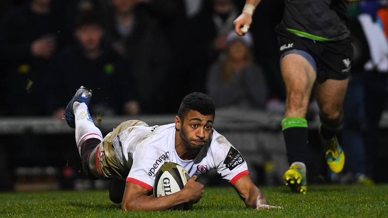 Robert Baloucoune of Ulster dives over to score
