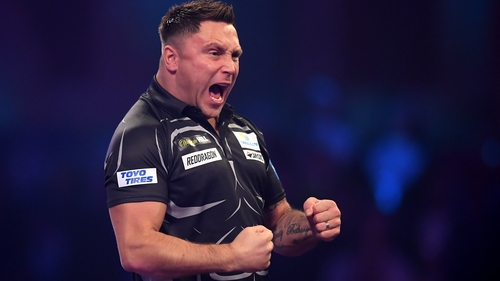 Gerwyn Price celebratees during his semi-final against Peter Wright