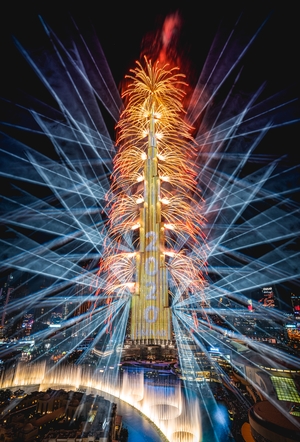 Fireworks go off at the Burj Khalifa in Dubai