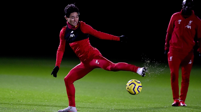 Takumi Minamino during his first Liverpool training session