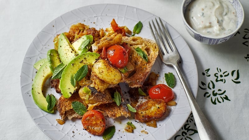 Indian spiced potatoes and raita on toast