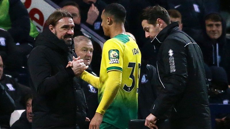 Adam Idah is congratulated by his manager following his hat-trick display for Norwich