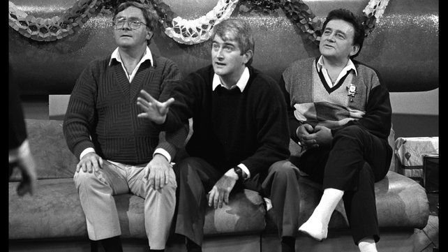Broadcaster Donncha Ó Dúlaing, comedian Dermot Morgan and Larry Gogan pictured on the Play the Game show in 1987