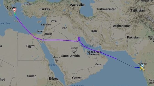 Flight BA134 was en route from Mumbai to Heathrow before having to avoid Iraqi airspace, and reroute to Athens (Pic: Flightradar24)