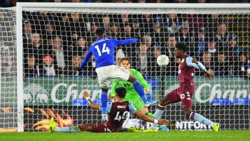 Kelechi Iheanacho smashes home the equaliser in the first leg at the King Power