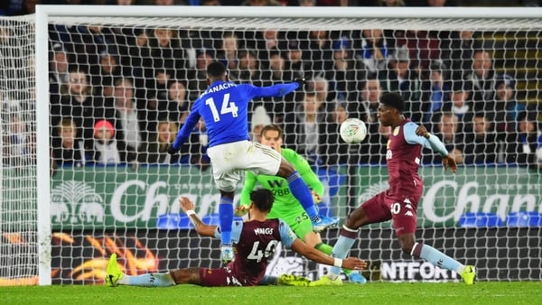 Kelechi Iheanacho smashes home the equaliser in the first leg at the King Power