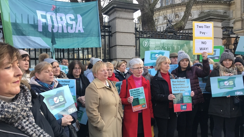 School secretaries staged a protest outside the Dáil earlier this month