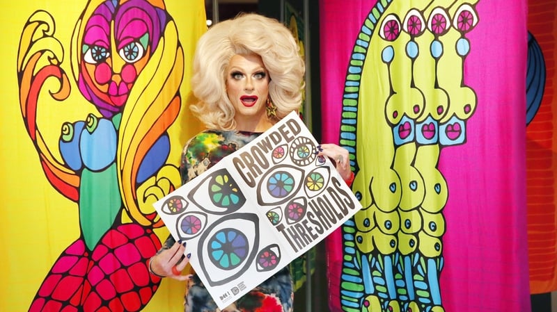 Special guest Panti Bliss pictured beside a piece by artist Niall Sweeney at the opening of Crowded Thresholds