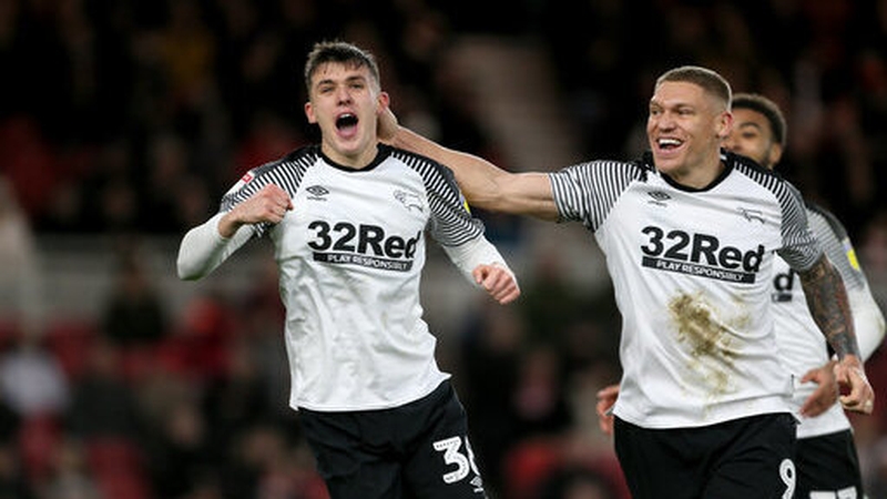 Jason Knight celebrates scoring Derby's opener at Middlesbrough