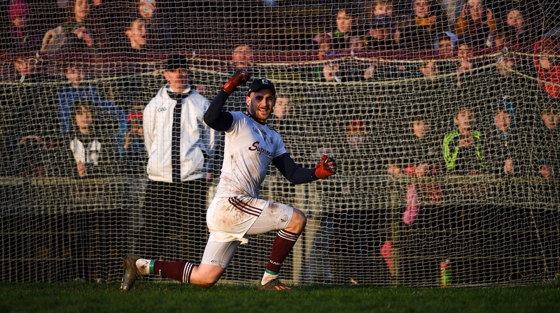 Galway goalkeeper Conor Gleeson celebrates after the last penalty