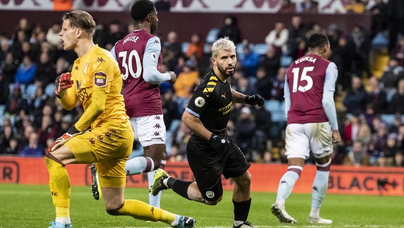 Manchester City's Sergio Aguero (centre) wheels away in celebration after scoring his team;s sixth goal