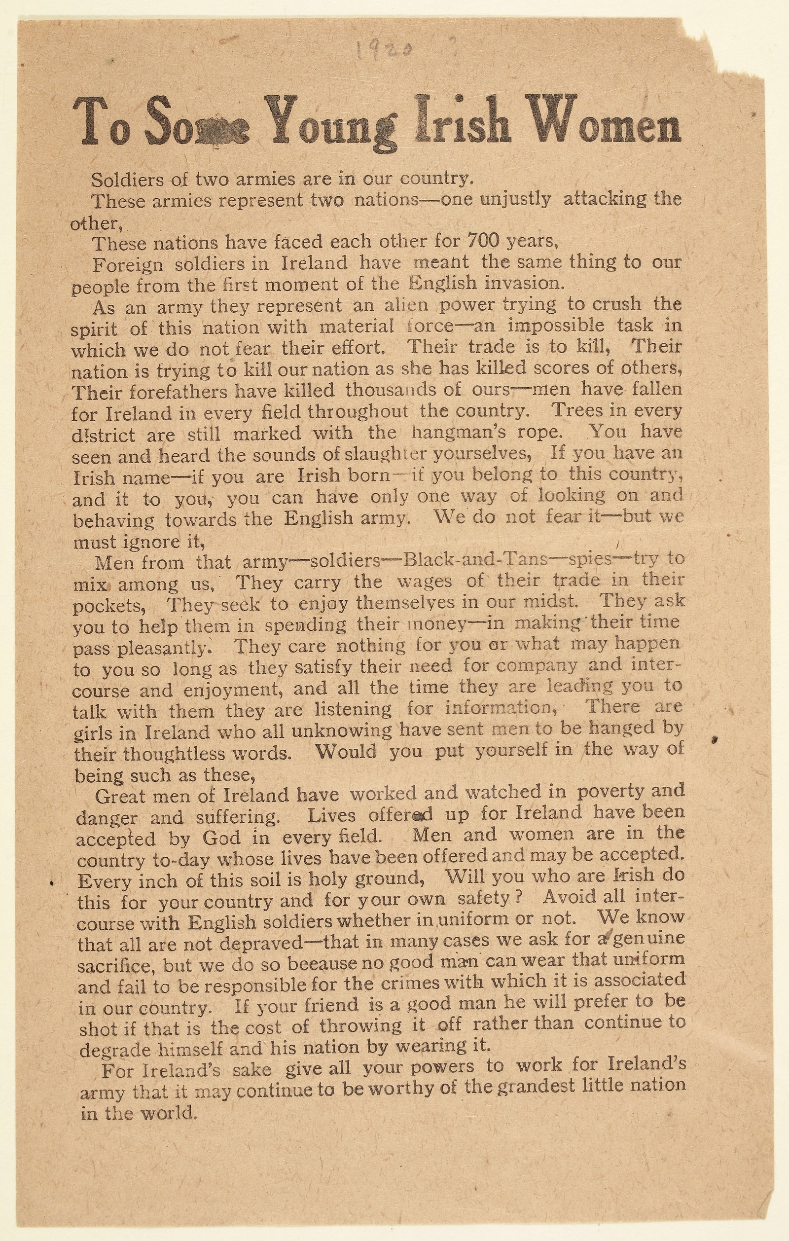 Cumann na mBan 1920 leaflet urging young women not to consort with British forces (National Library)