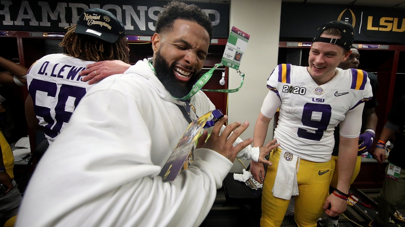 Odell Beckham Jr celebrates in the locker room with Louisiana State QB Joe Burrow (No 9)