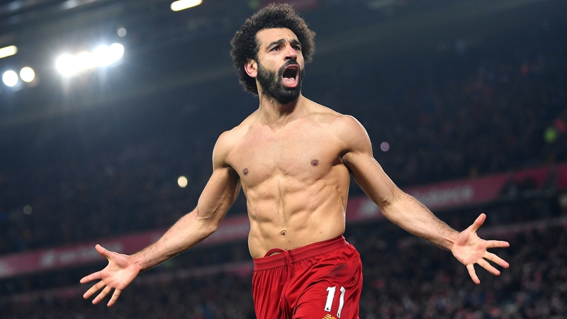 Mohamed Salah celebrates his first ever goal against Manchester United, coming in injury time at Liverpool secured a 2-0 win