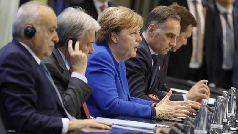 UN Special Envoy for Libya Ghassan Salame, Secretary General of the UN Antonio Guterres, German Chancellor Angela Merkel, German Foreign Minister Heiko Maas and Spokesman of the German government Steffen Seibert at the talks in Berlin