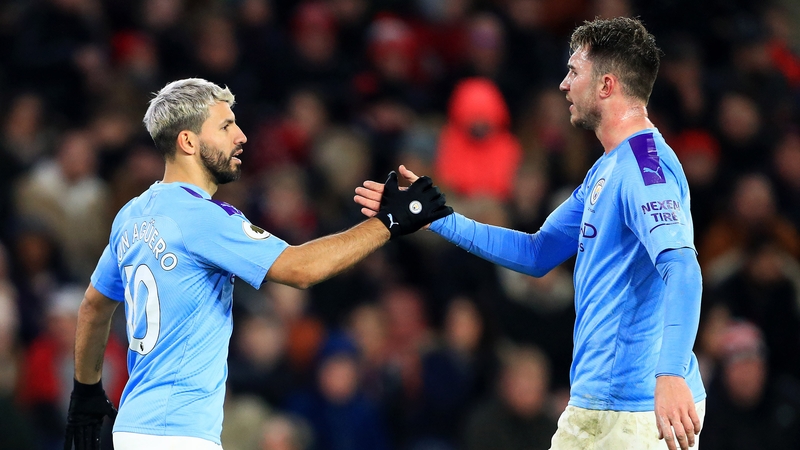 Sergio Aguero celebrates his goal with Aymeric Laporte