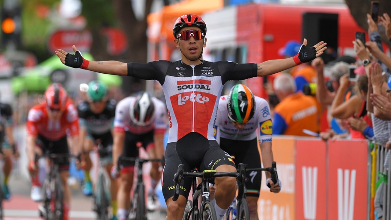 Sam Bennett, right (head down) is beaten at the line by Caleb Ewan on stage 4 of the Tour Down Under