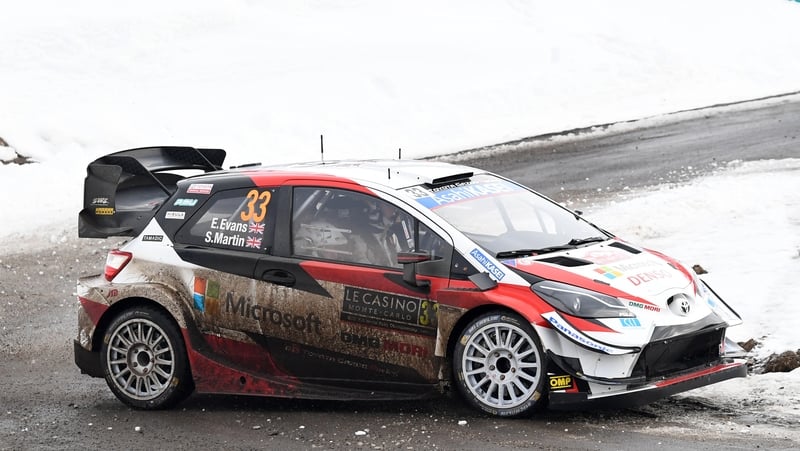 Elfyn Evans and his co-pilot Scott Martin in their Toyota Yaris WRC during the Monte Carlo Rally