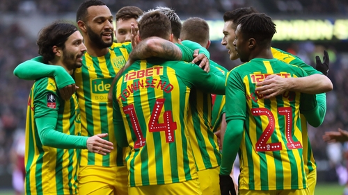 Conor Townsend of West Bromwich Albion is mobbed after his goal