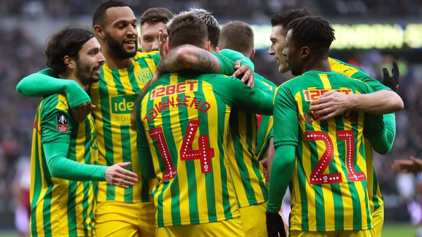 Conor Townsend of West Bromwich Albion is mobbed after his goal