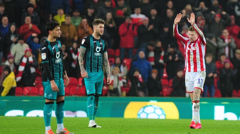 James McClean celebrates scoring Stoke's second goal