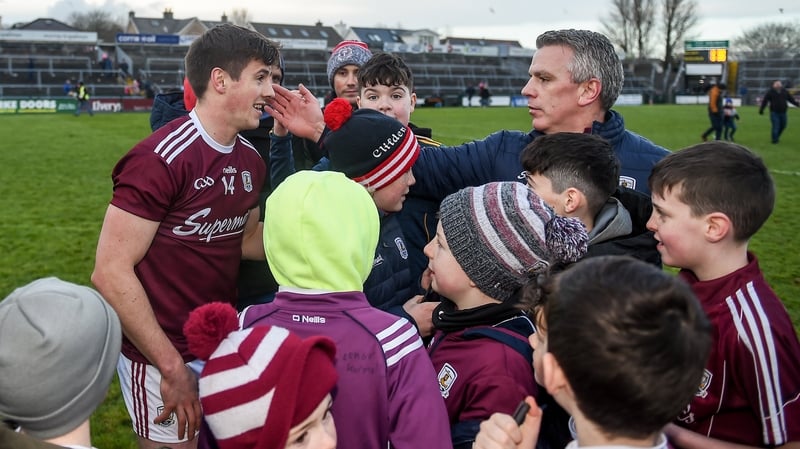 Padraic Joyce celebrates with Shane Walsh after the defeat of Monaghan on Sunday