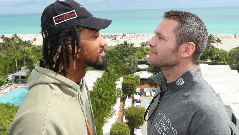 The champion and challenger face off in Miami ahead of Thursday's fight (photo: Ed Mulholland/Matchroom Boxing USA)
