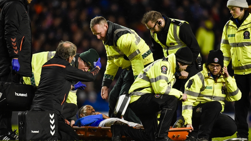Jermain Defoe is stretchered from the pitch at Ibrox