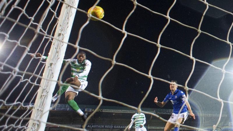 Celtic's Olivier Ntcham heads in the opener against St Johnstone