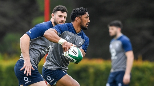 Bundee Aki, right, and Robbie Henshaw during Ireland Rugby squad training
