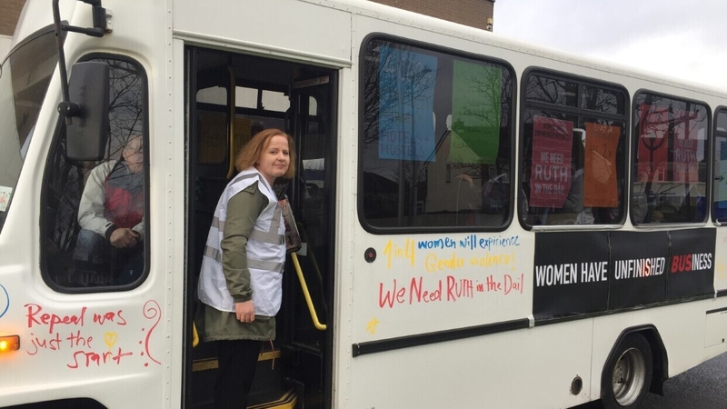 Solidarity-People Before Profit candidate Ruth Coppinger, along with some supporters, travelled the Dublin West constituency by mini-bus