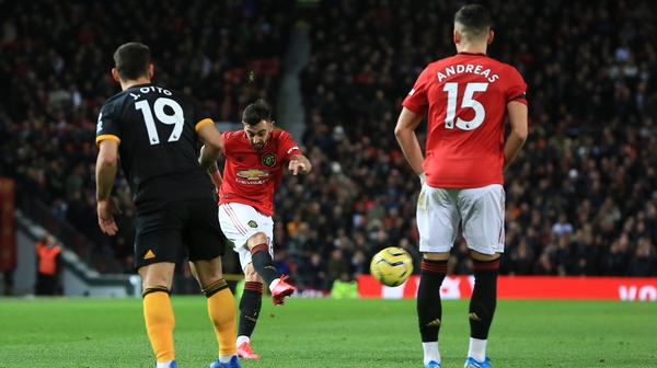 Bruno Fernandes takes the shot on against Wolves