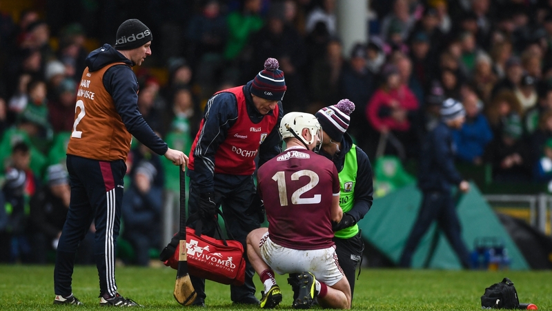 Joe Canning of Galway receives medical attention before being substituted during the Allianz Hurling match against Limerick