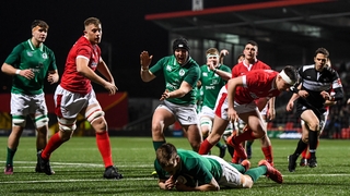 Tom Stewart, centre, celebrates as Mark Hernan scores Ireland's first try just 70 seconds in