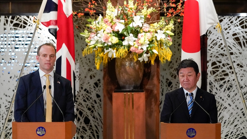 Britain's Foreign Secretary Dominic Raab and Japan's Minister for Foreign Affairs Motegi Toshimitsu
