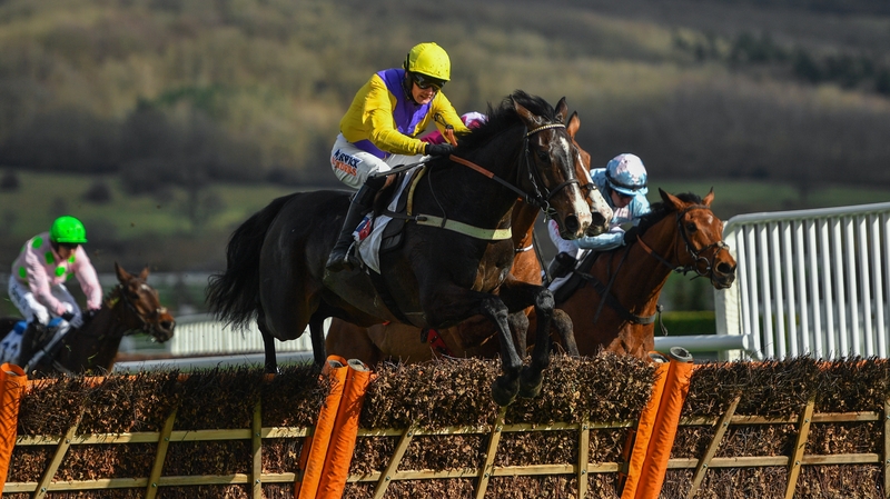 Kalashnikov, with Jack Quinlan up, leads over the final hurdle on their way to second place in the Supreme Novices Hurdle in 2018.