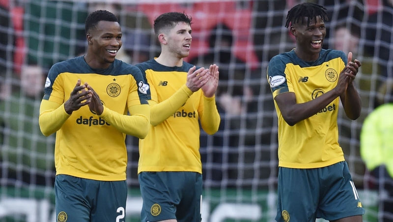 Celtic's Boli Bolingoli, Ryan Christie and Vakoun Issouf Bayo (L-R) at full time