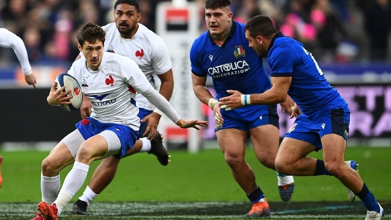 France's Baptiste Serin runs to score a try during their Six Nations victory over Italy at the Stade de France.
