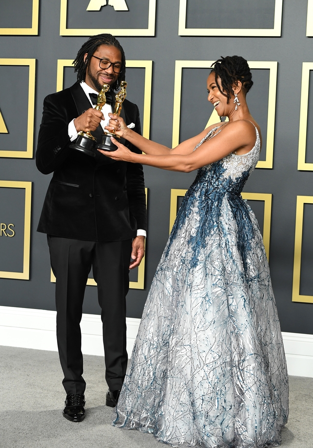 Director Matthew A. Cherry and producer Karen Rupert Toliver, winners of the Animated Short Film award for Hair Love