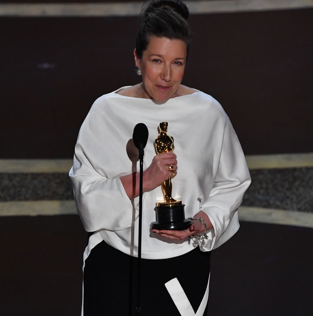 British costume designer Jacqueline Durran accepts the award for Best Costume Design for Little Women