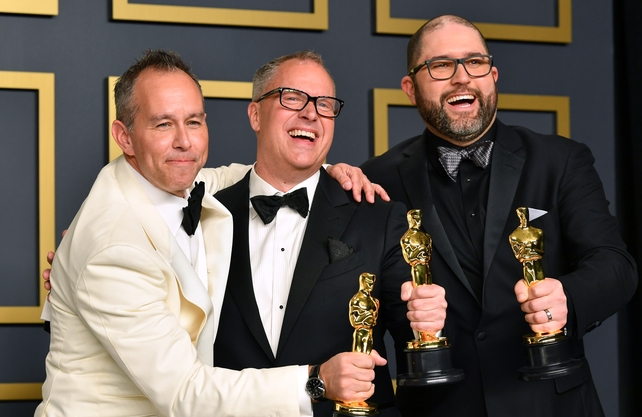 Filmmakers Jonas Rivera, Mark Nielsen and Josh Cooley, winners of the Animated Feature Film award for Toy Story 4