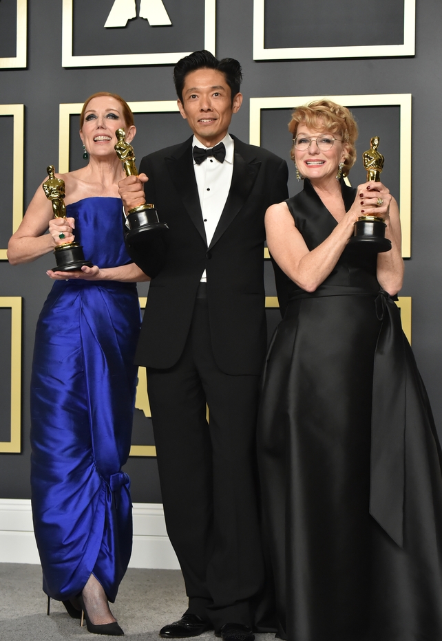 Makeup artists Anne Morgan, Kazu Hiro and Vivian Baker, winners of the Makeup and Hairstyling award for Bombshell