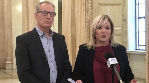 Michelle O'Neill, with Gerry Kelly, making the announcement at Stormont