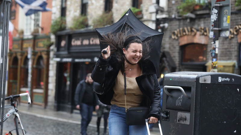 Cara Garside from Manchester has her umbrella caught in the wind in Temple Bar in Dublin (Pic: RollingNews.ie)