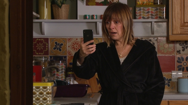 Rhona is frozen in horror when she sees Pierce's face on Emmerdale