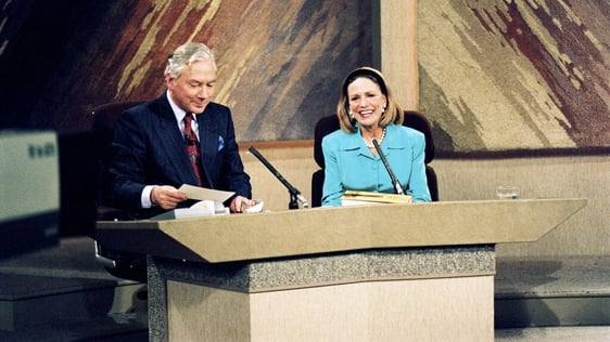 Journalist and novelist Shirley Conran with Gay Byrne on The Late Late Show (1990)